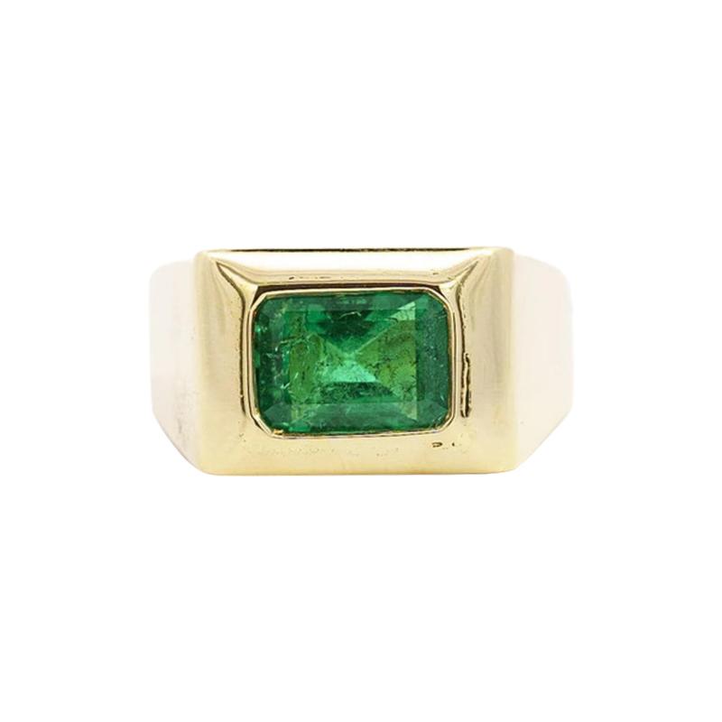 Vintage 3 Carat Emerald Cut Emerald Bezel Mens Ring in 18K Gold