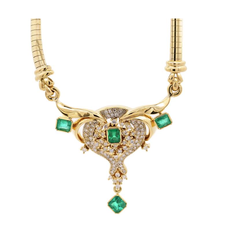 Vintage 5 Carat Emerald Diamond Necklace in 14K Yellow Gold