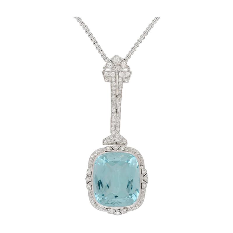 Vintage Art Deco Era GIA Certified Aquamarine and Old Euro Cut Diamond Necklace