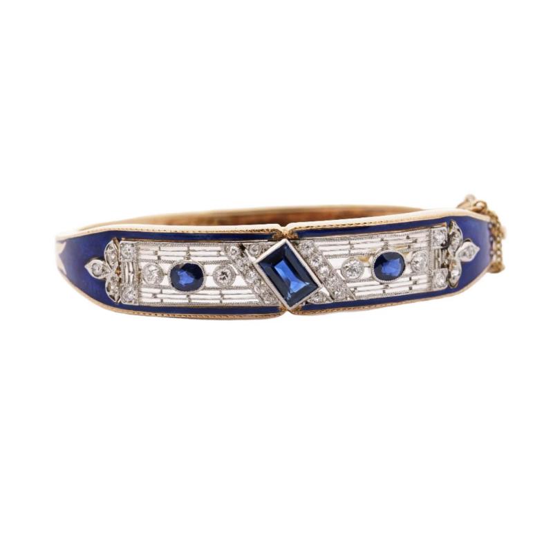 Vintage Art Deco Estate Blue Sapphire Diamond Enamel Bangle Bracelet