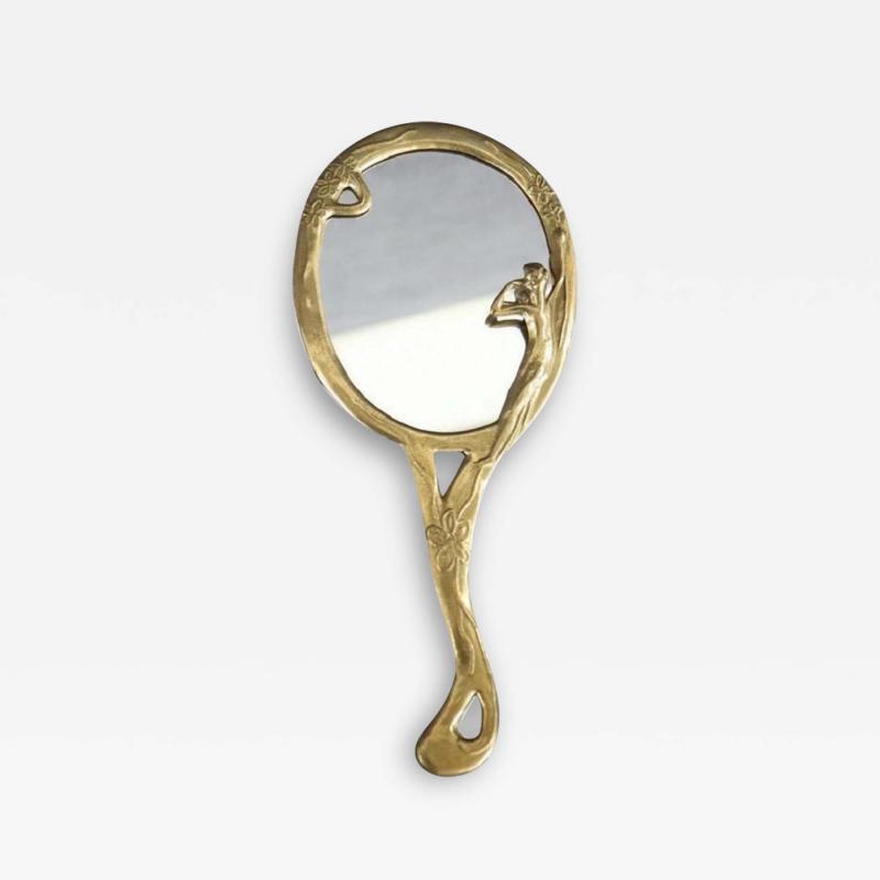 Vintage Art Nouveau Style Hand Mirror with Gilded Brass Frame