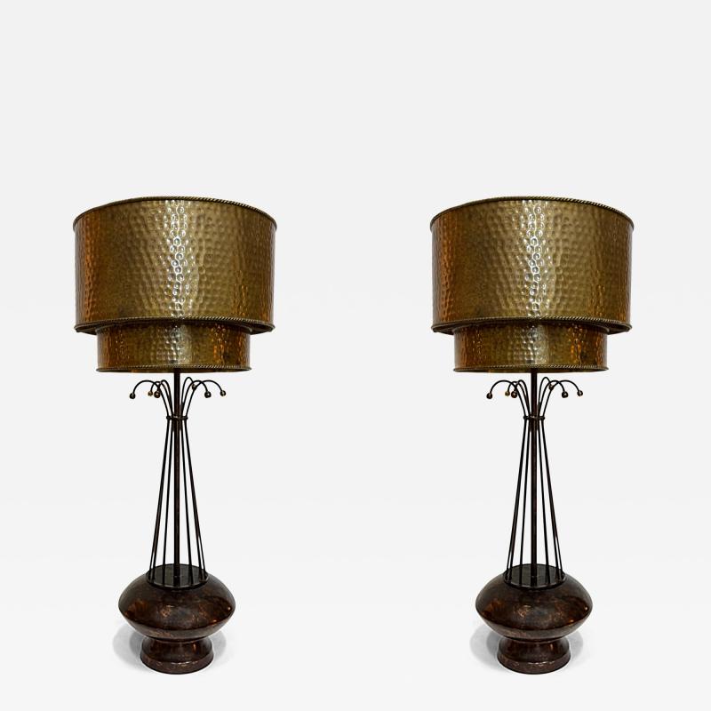 Vintage Atomic Age Inspired Table Lamps Hammered Shade in Brass Pair
