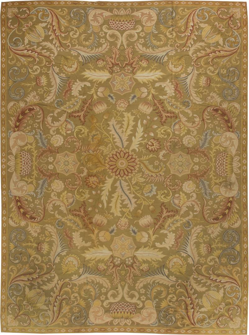 Vintage Aubusson Floral Brown Yellow Red Handmade Rug