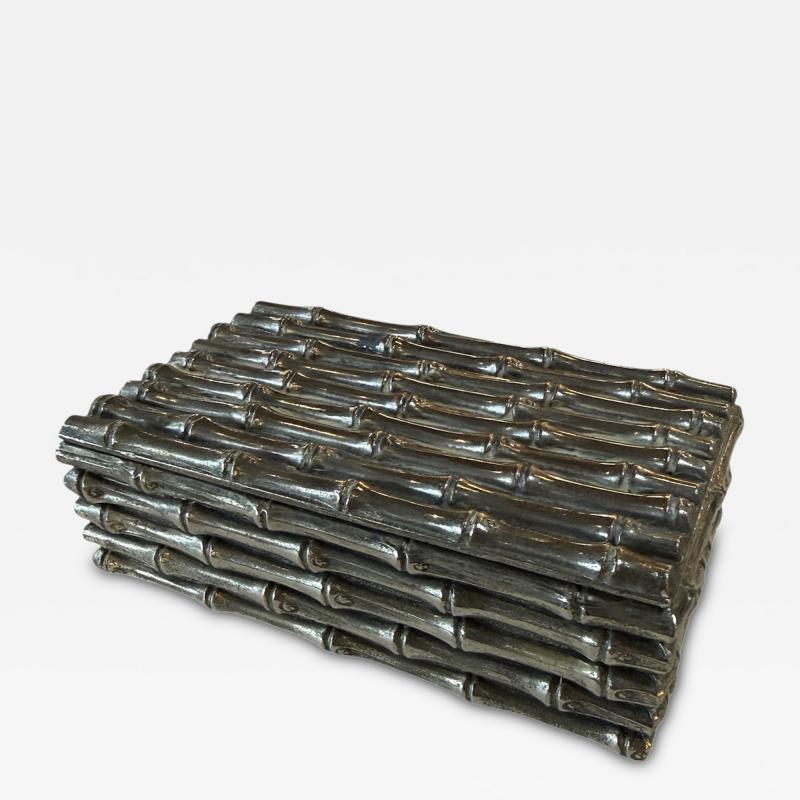 Vintage Bamboo Style Metal Trinket Box with Hinged Lid