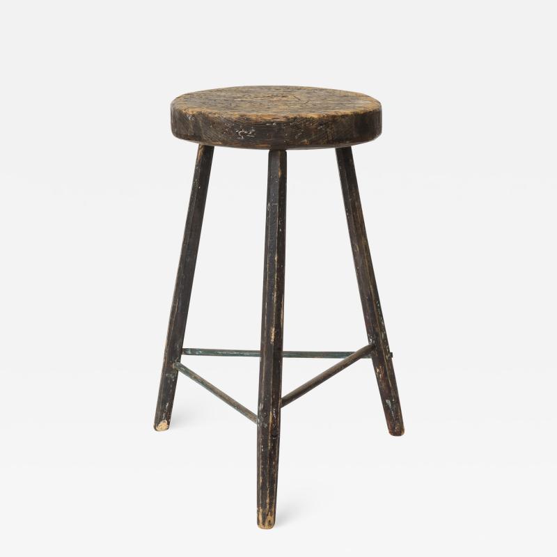 Vintage Black Tripod Stool with Hewn Wood Top