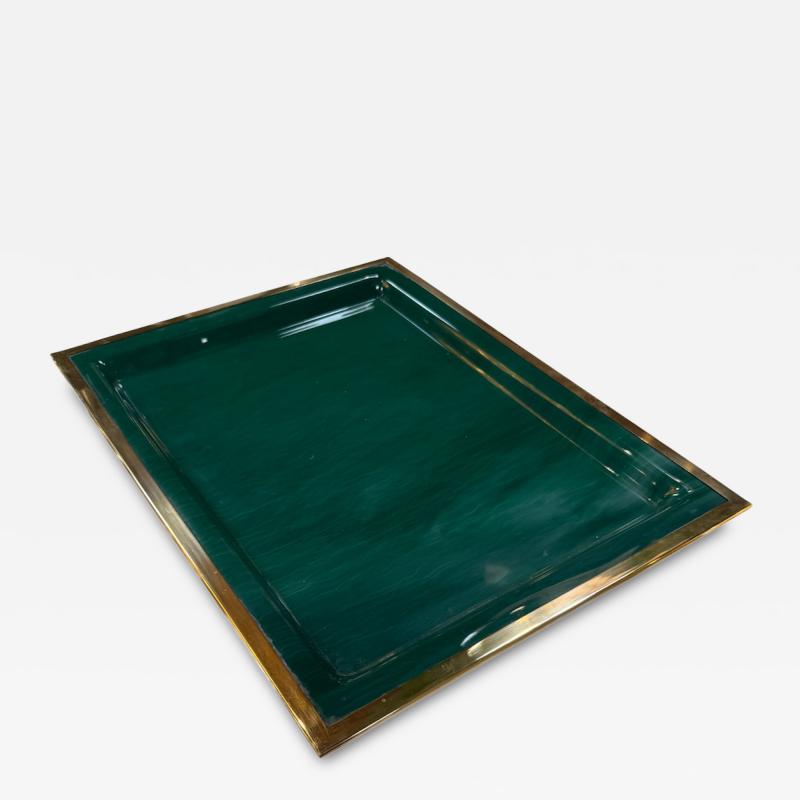 Vintage Brass Emerald Green Lacquer Serving Tray