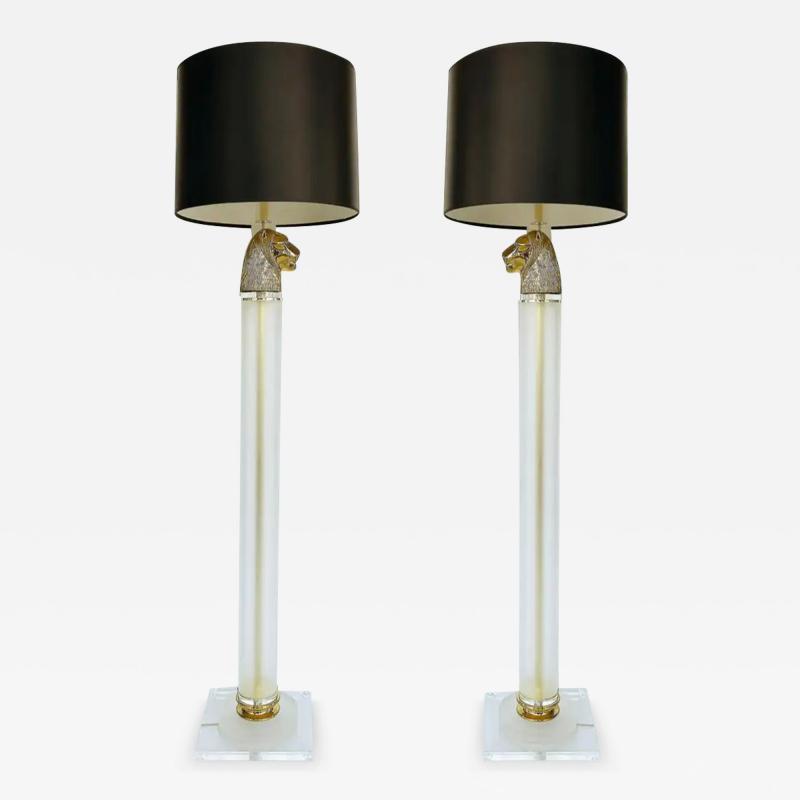 Vintage Brass Panther Head Floor Lamps with Lucite Pair