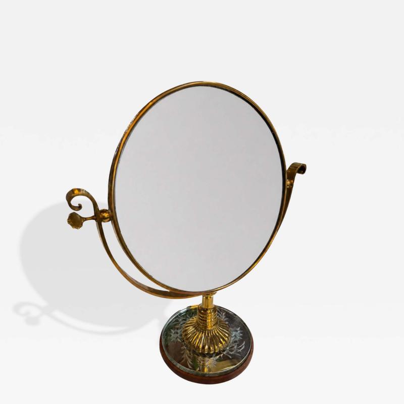 Vintage Brass Vanity Mirror with Etched Glass Base and Wood Trim
