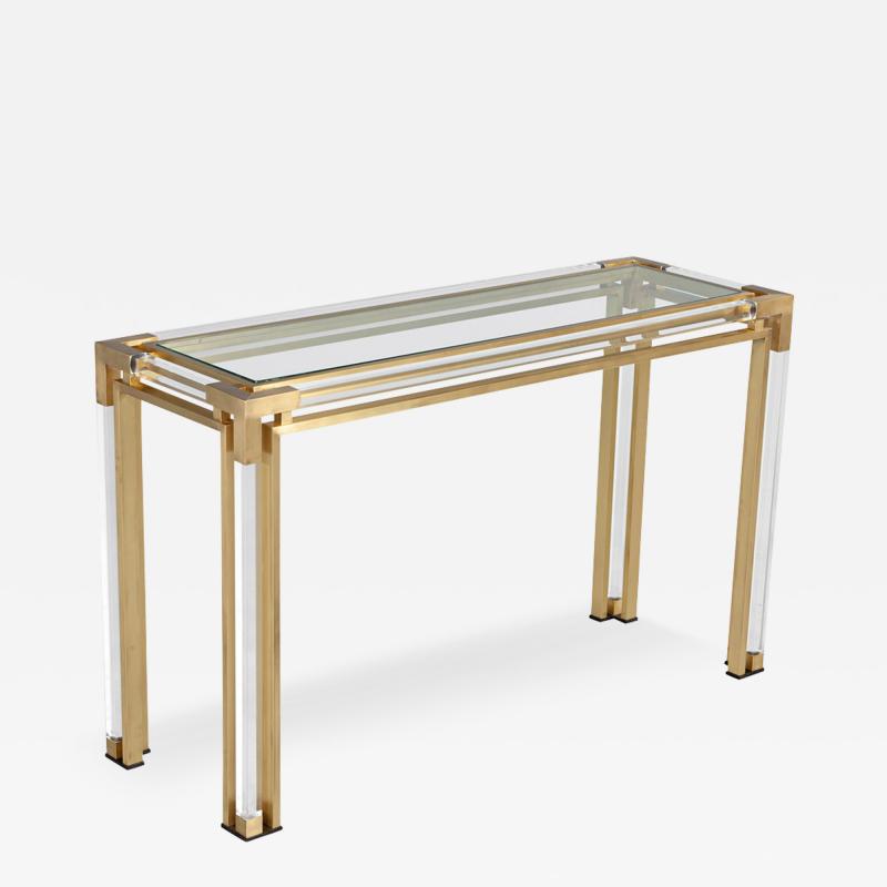 Vintage Brass and Acrylic Console Table with Glass Top 1970 s