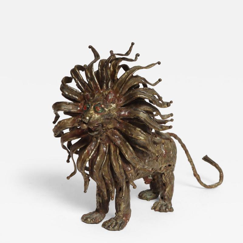 Vintage Brutalist Embossed Brass and Steel Lion Sculpture by Pal Kepenyes