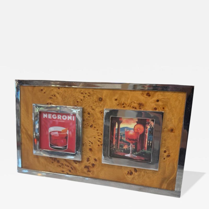 Vintage Burl Wood Chrome Double Photo Frame