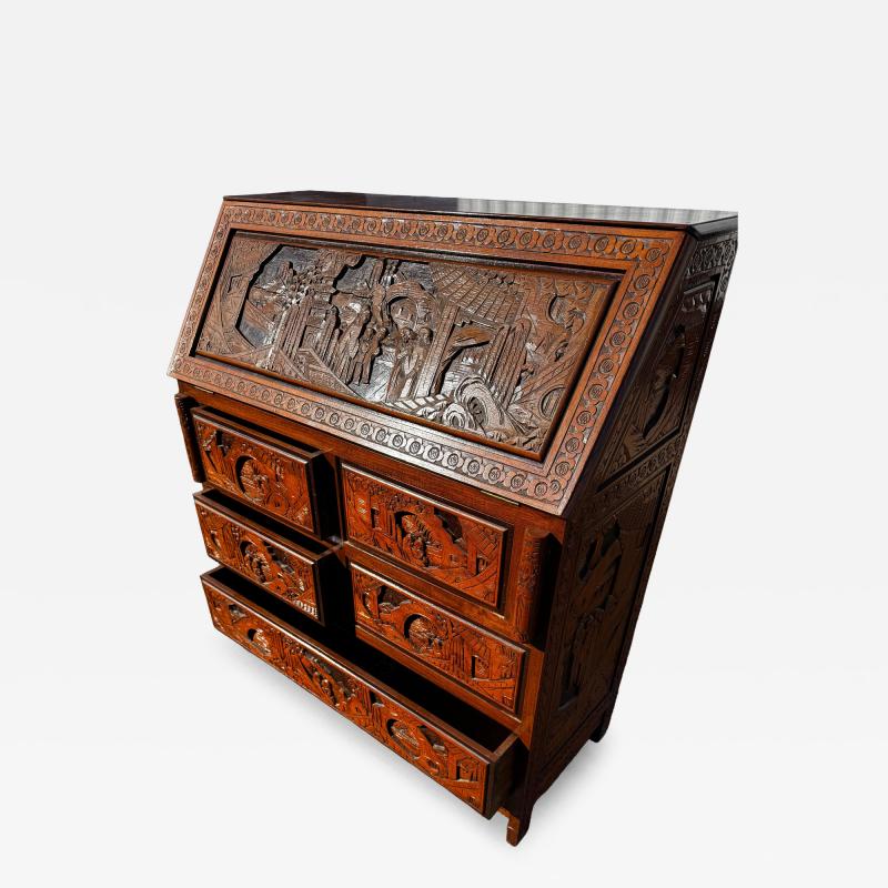 Vintage Carved Asian Drop Front 5 Drawer Secretary