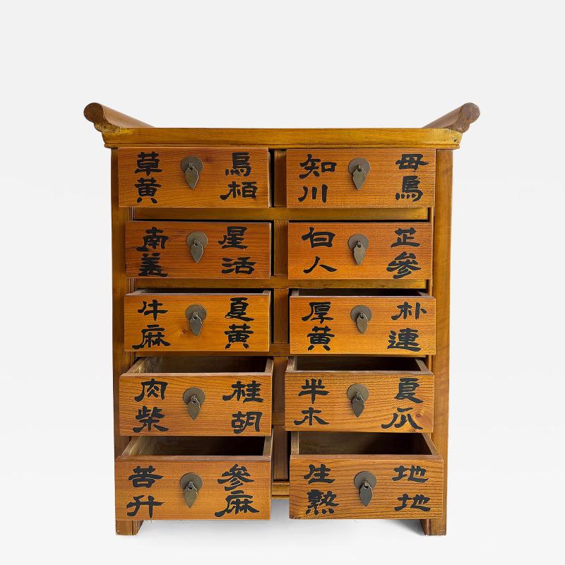 Vintage Chinese Apothecary Cabinet Painted Calligraphy 10 Drawers