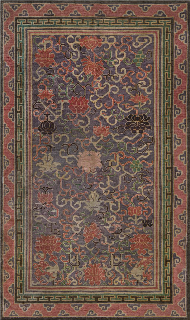 Vintage Chinese Bold Botanic Silk Carpet in Purple Red Beige Green