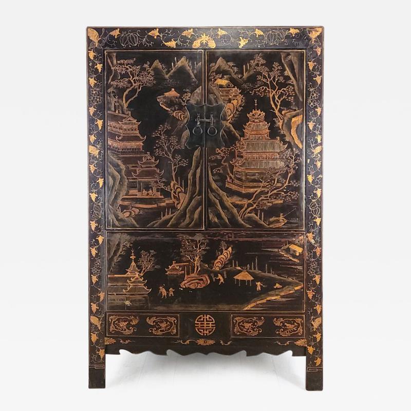 Vintage Chinese Gilt and Black Lacquered Wedding Cabinet circa 1960