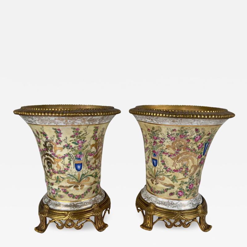 Vintage Chinese Hand painted Porcelain Vase or Planter with Bronze Base a Pair
