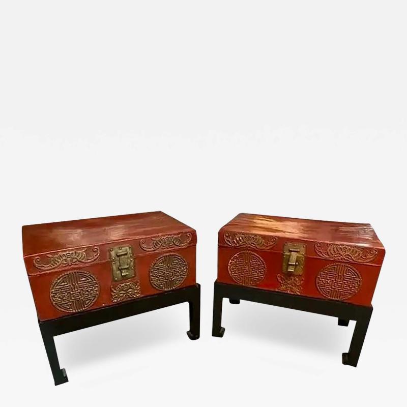 Vintage Chinese Red Leather Trunks Now Designer End Tables