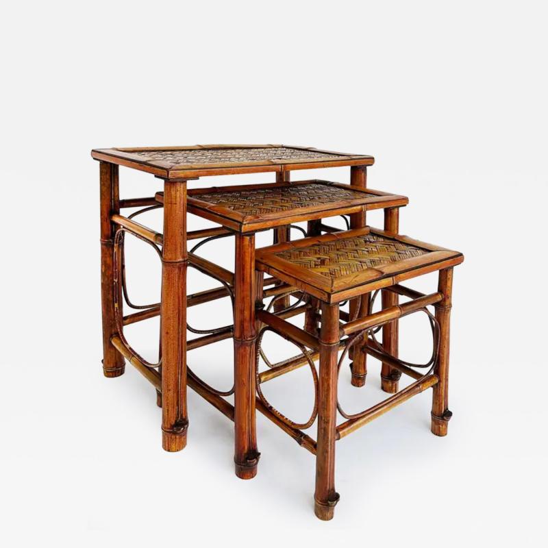 Vintage Chinoiserie Bamboo Cane Nesting Stacking Tables Set of 3