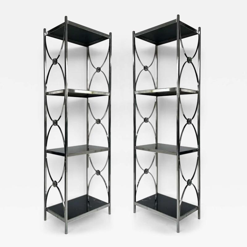 Vintage Chrome 3 Tiered Black Glass Shelves Etagere A Pair