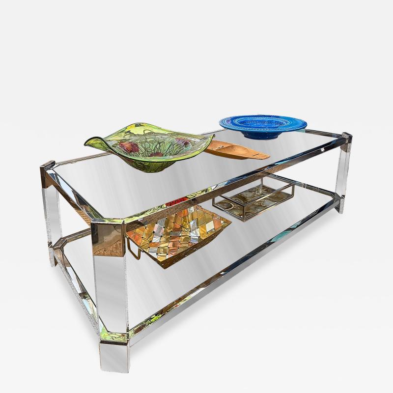 Vintage Chrome Thick Lucite Coffee Table with Glass Shelves