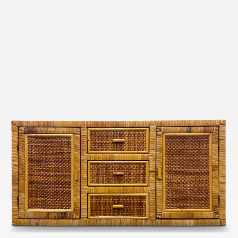 Vintage Coastal Woven and Rattan Wrapped Cabinet With Wood Trim