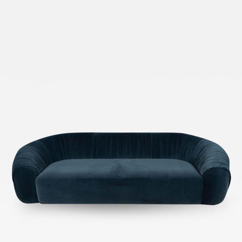 Vintage Curved Back Sofa with Chrome Back Frame in Blue Velvet Restored Italy