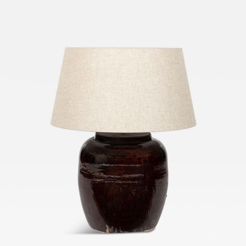 Vintage Dark Reddish Brown Glazed Pot as Table Lamp with Natural Linen Shade