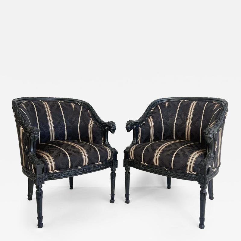 Vintage Ebonized Carved Rams Head Berg re Chairs Pair