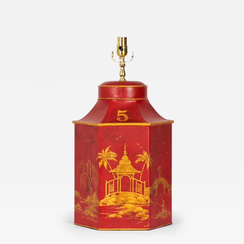 Vintage English Chinoiserie Red and Gold Hexagonal Tole Tea Caddy Table Lamp