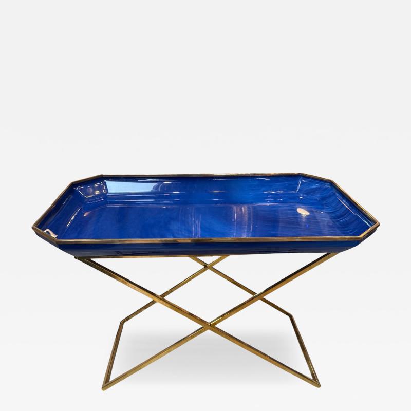 Vintage Folding Tray Table with Blue Enamel Tray and Brass Base 1970s