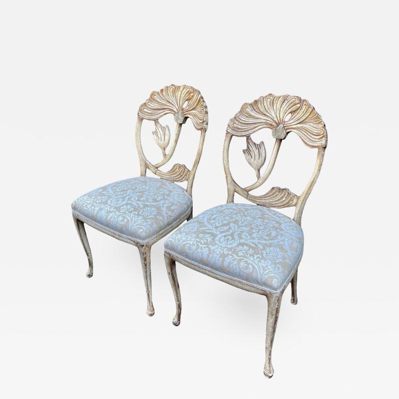 Vintage Fortuny Upholstered Carved Italian Grotto Chairs a Pair