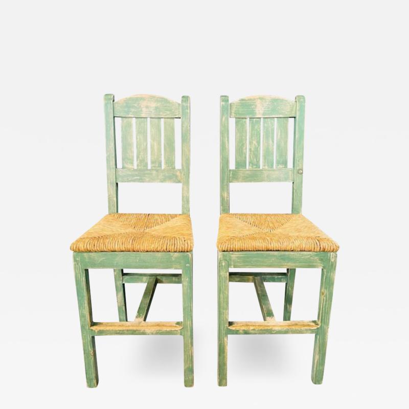 Vintage French Rustic Syle Straw Wooden Bar Stool in Green Turquoise a Pair