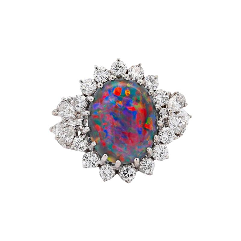 Vintage GIA Certified Black Opal Mixed Cut Diamond Halo 14K Cocktail Ring