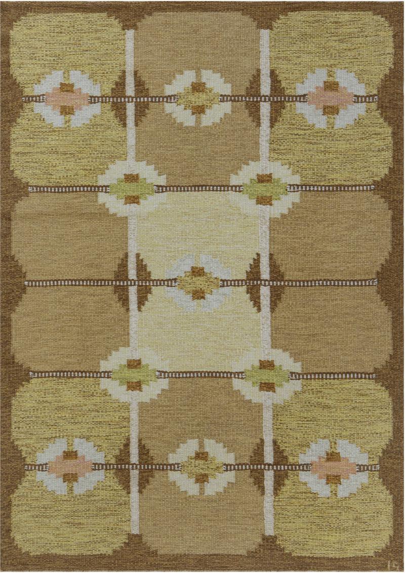 Vintage Geometric Swedish Beige Brown Gold Green Wool Rug by Ingegerd Silow