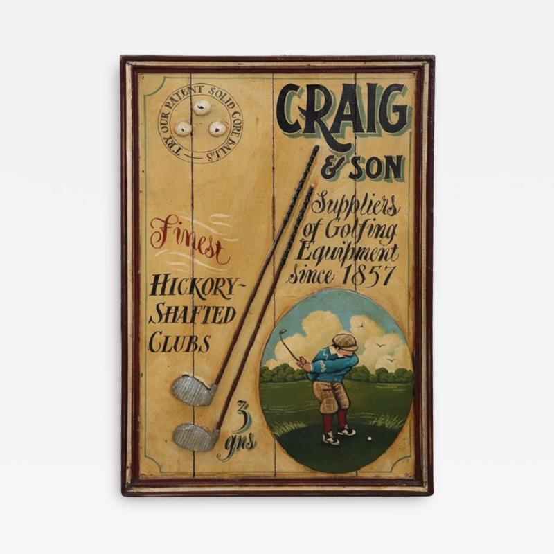 Vintage Hand Painted on Wood Advertising Sign for Golf Equipments 1920s