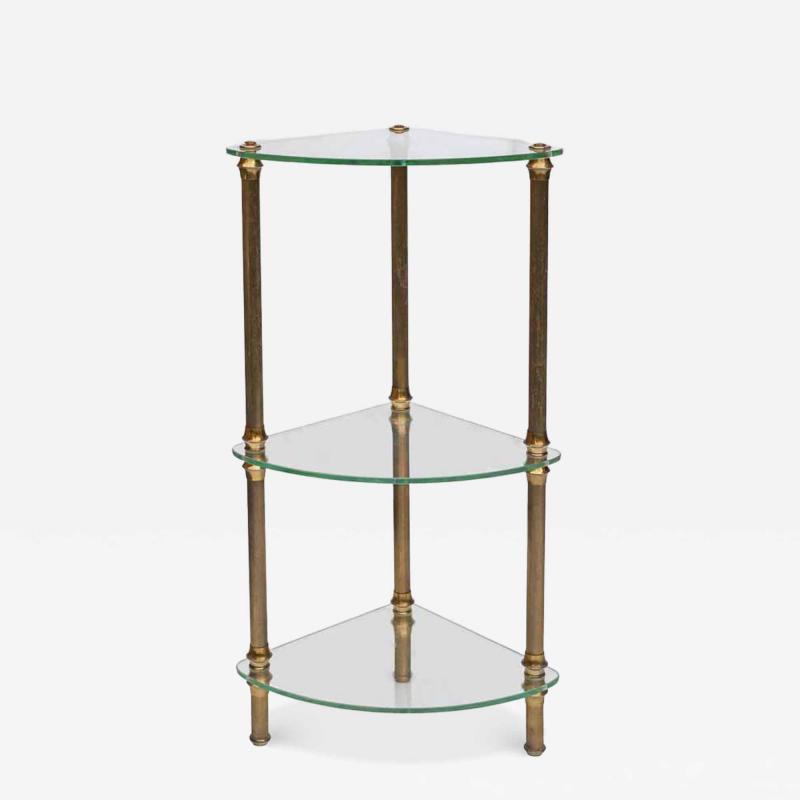 Vintage Italian 3 tier glass and brass quarter shape side table