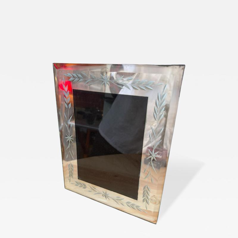 Vintage Italian Hand Etched Glass Picture Frame with Floral Motif 1970s