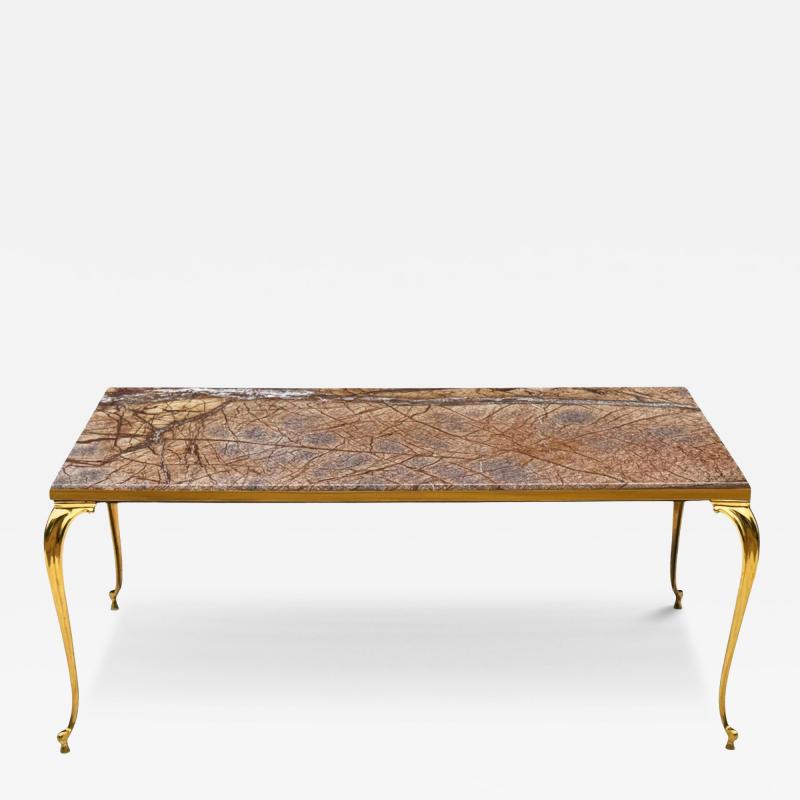 Vintage Italian Hollywood Regency Rectangular Brown Marble Brass Coffee Table