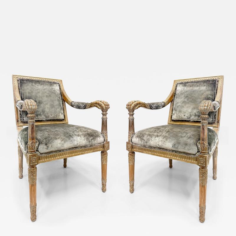 Vintage Italian Neoclassical Carved Wood Armchairs Newly Upholstered Pair