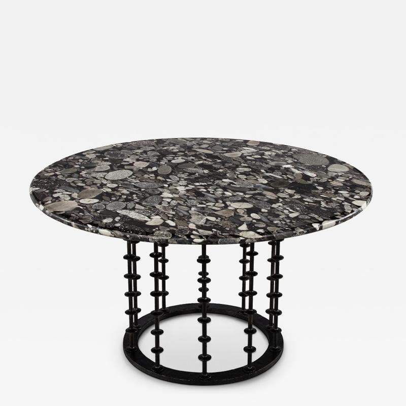 Vintage Italian Round Agate Stone Dining Table with Hammered Iron Metal Base