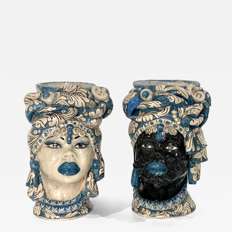 Vintage Italian Signed Black White Blue Moorish Man Woman Sculpture Head Vases