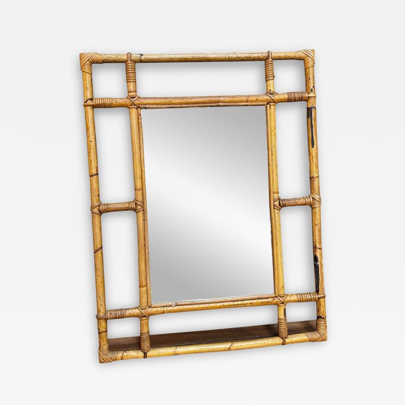 Vintage Italian Square Bamboo Wall Mirror 1980s