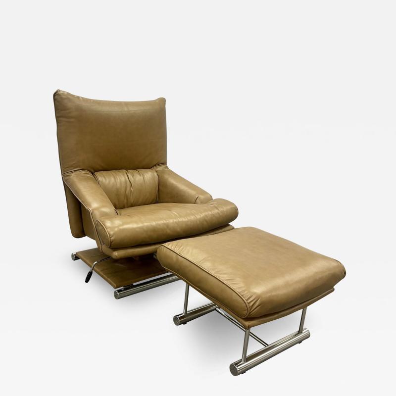 Vintage Leather Swivel Lounge Chair With Ottoman Percival Lafer Style Steel