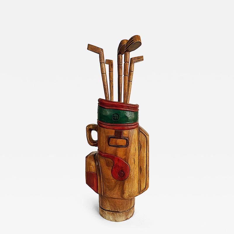 Vintage Life sized Carved Wood Set of Golf Clubs Sculpture and Bag