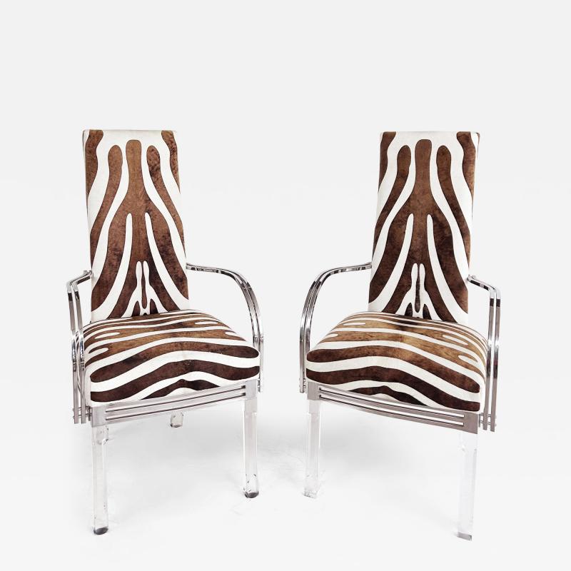 Vintage Lucite Chrome Armchairs Upholstered in Zebra Cowhide Pair