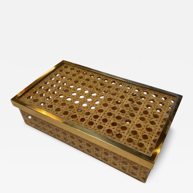 Vintage Lucite Woven Rattan Storage Box with Brass Trim