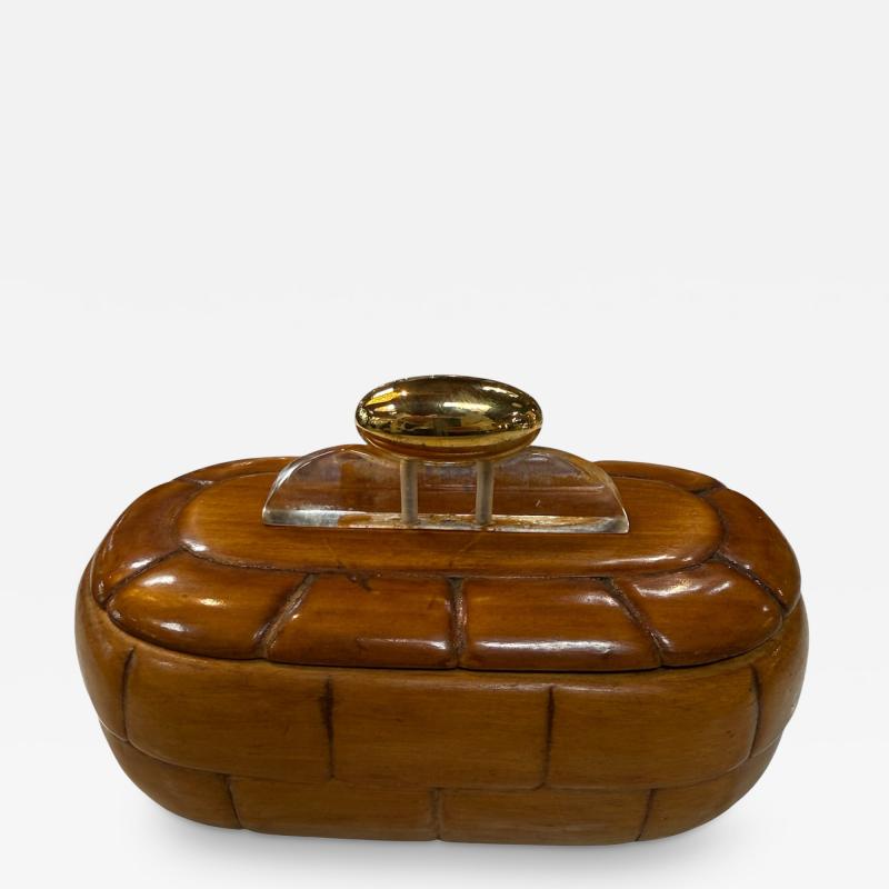 Vintage Mid Century Carved Wood Trinket Box with Lucite Brass Handle