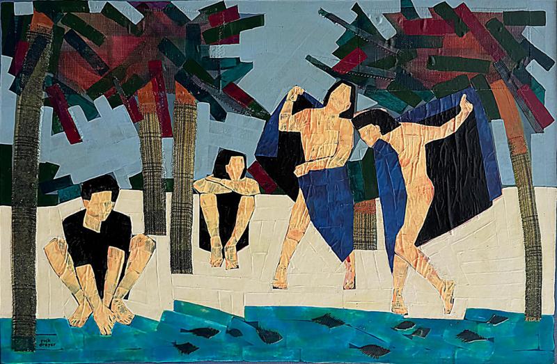 Vintage Mixed Media Painting of Beach Bathers Palm Trees by Rick Dreyer