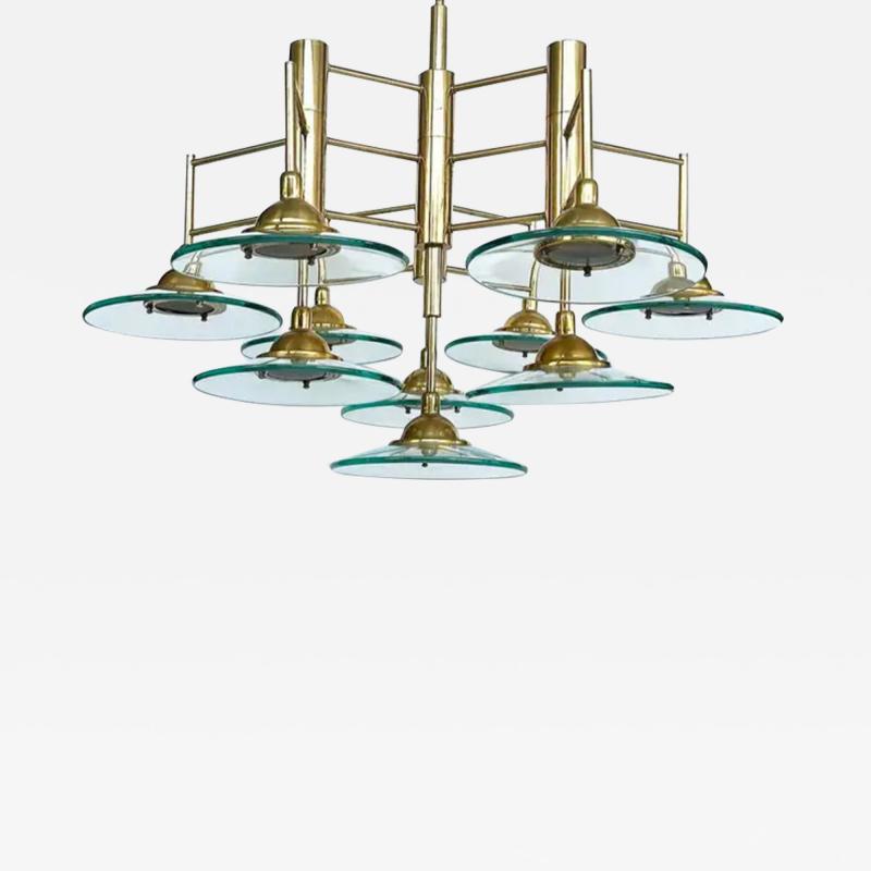 Vintage Modern Brass and Glass 10 Light Chandelier with Multiple Tiers