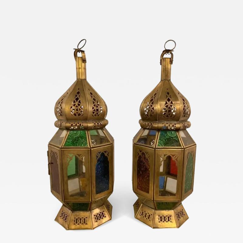 Vintage Moroccan Multi Colored Glass Lantern a Pair